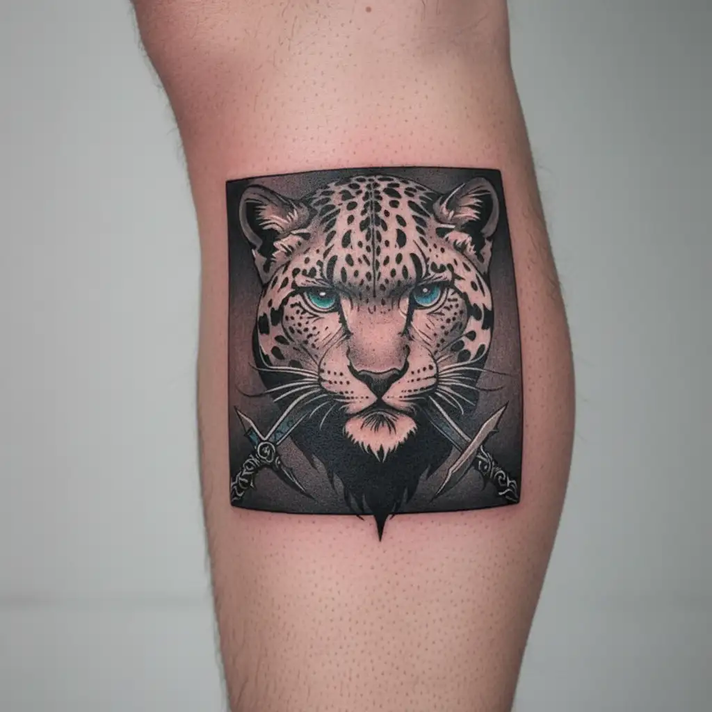 gothic sytle snow leopard human with swords and blue eyes tattoo design idea