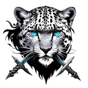 gothic sytle snow leopard human with swords and blue eyes tattoo design idea