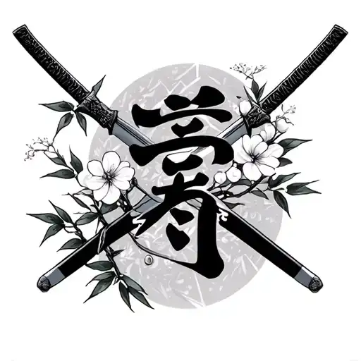 Japanese writing with samurai sword and cherry blossoms and bamboo tattoo design idea