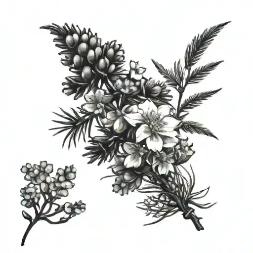 a skinny pine tree but at the base, forget me not flowers growing tattoo design idea