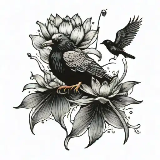 realistic lotus flower submerged in a pond and a raven bird flyimg over it tattoo design idea