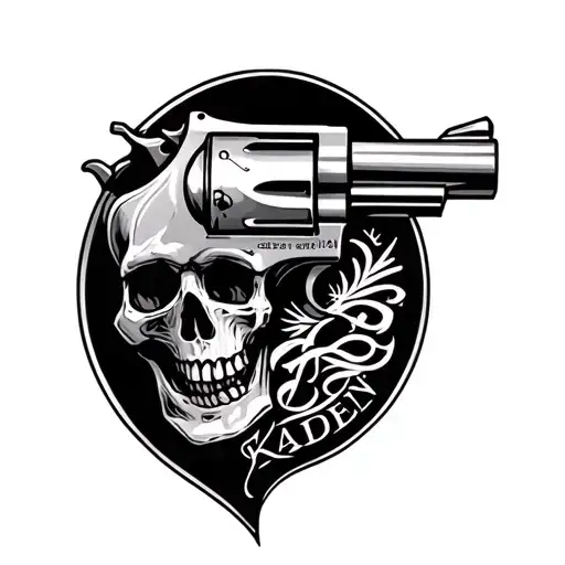 tatto revolver, skull inside the handle, the name kaden on the barrel  tattoo design idea