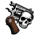 tatto revolver, skull inside the handle, the name kaden on the barrel  tattoo design idea