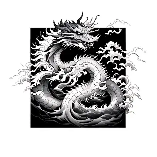 "Full leg sleeve, Japanese irezumi style, dragon and waves, from ankle to hip, high detail"  tattoo design idea