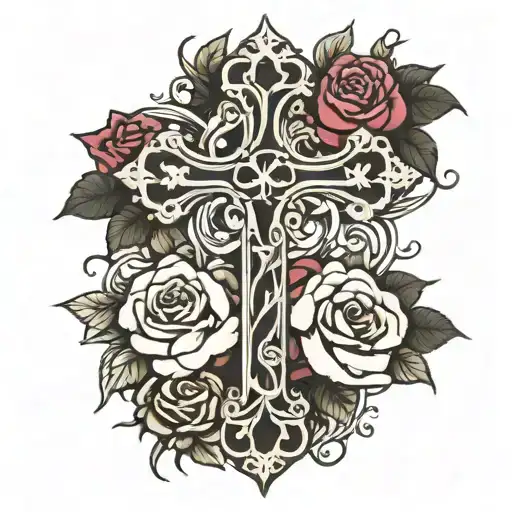 gothic cross with a vine of roses wrapping around it black and white shaded  tattoo design idea