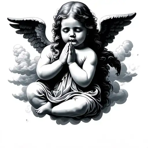 baby angels praying hands with clouds surrounding tattoo design idea
