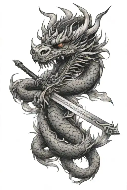 asian dragon wrapped around a sword tattoo design idea