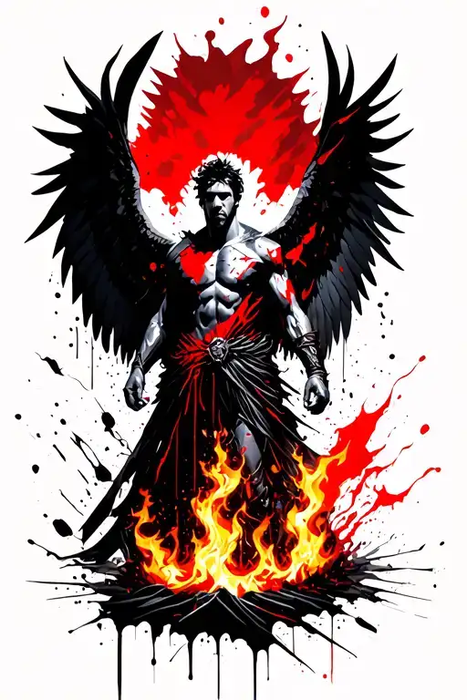 Damaged gothic male angel warrior with broken wings raising from flames and ashes tattoo design idea