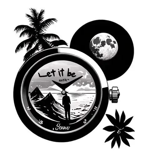 3d,moon or a planet inside a watch dial, words let it be, beach, mountain, lost man standing,minimal tattoo tattoo design idea