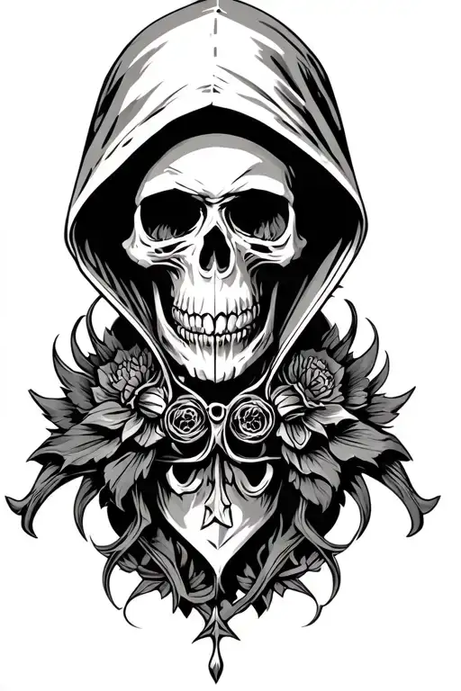 hooded skull with gothic elements incorporated tattoo design idea