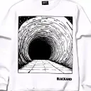 Underground streetwear sweatshirt design featuring a minimalist black and white aesthetic, showcasing a stylized tunnel tattoo design idea