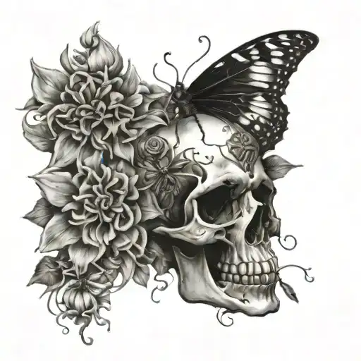 spiders, skull, butterfly, flowers tattoo design idea