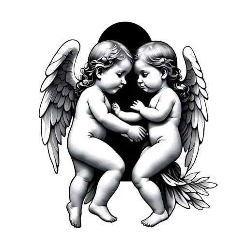 2 baby angel holding mother's hand holding tattoo design idea