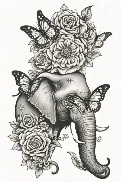 elephant face with flowers and butterflies tattoo design idea