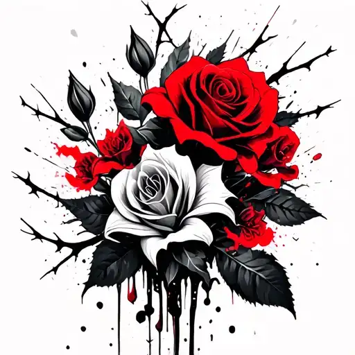 bright vibrant colours. roses, lillies, and thorns intertwined. catholic imagery.  tattoo design idea