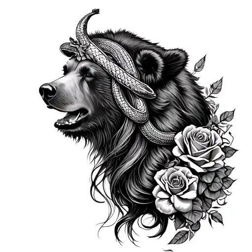lady head with grizzly bear headdress that incorporates a snake and roses tattoo design idea