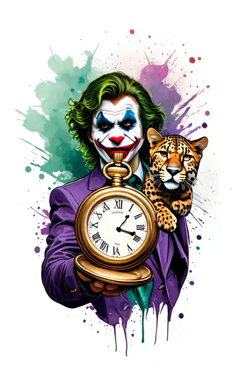 Joker face holding pocket watch with cheetah running across tattoo design idea