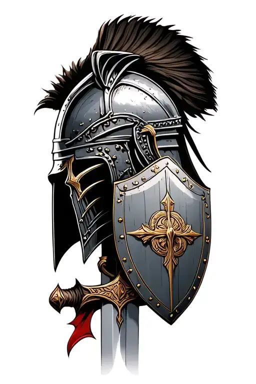 Gladiator helmet in profile with a sword and a shield tattoo design idea