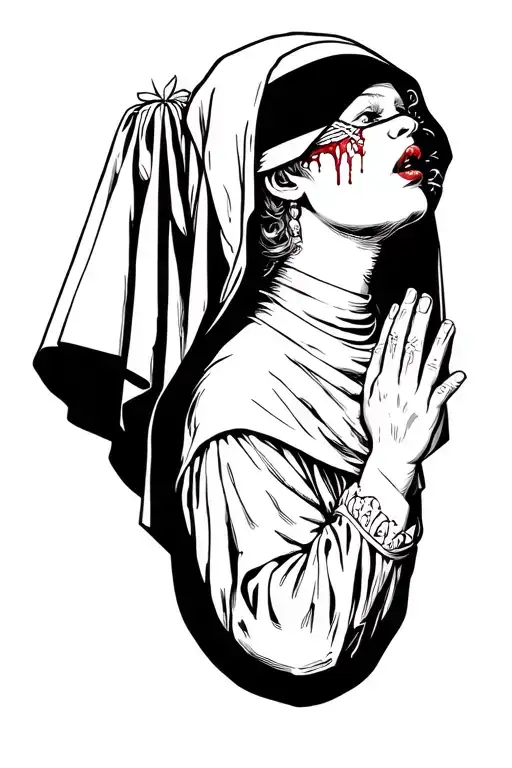 a full body image of a nun praying looking upward with blindfold, sewn mouth, and bleeding ears in black and white tatto tattoo design idea