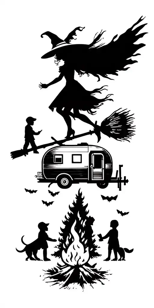 silhouette of sexy witch flying on broomstick over a campsite with a trailer and campfire with 3 boy children & 2 dogs  tattoo design idea