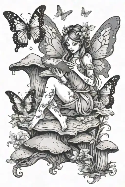 fairy sitting on a mushroom reading a book with butterflies flying around  tattoo design idea
