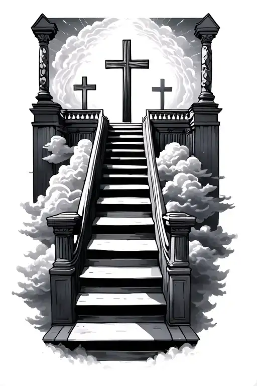 stairway to heaven with 3 crosses in the background surrounded by clouds with the gates at the top tattoo design idea