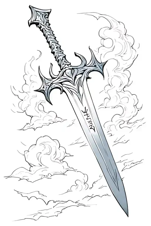 frostmourne sword from world of warcraft with text Viljami in sword and it has some stormy clouds background tattoo design idea