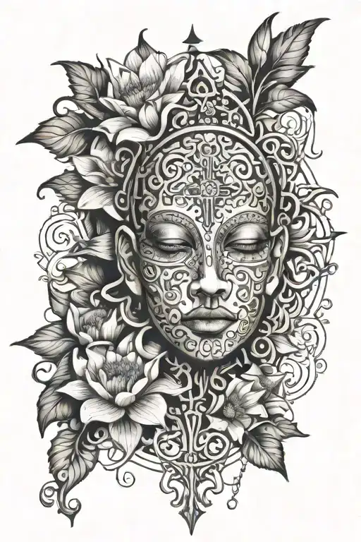medusas face covered by blooming lotus flower and vines with bible cross tattoo design idea