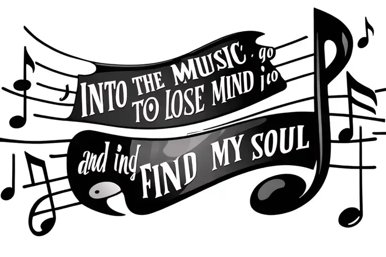 music notes with the phrase "into the music i go, to lose my mind and find my soul" tattoo design idea