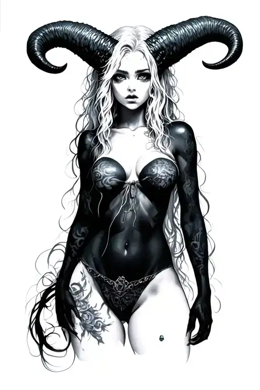 Sexy Pale Girl, Petite, Big Boobs, Wide Hips, naked. Messy Hair, Demonic Horns, Sexual.... Tattoo tattoo design idea