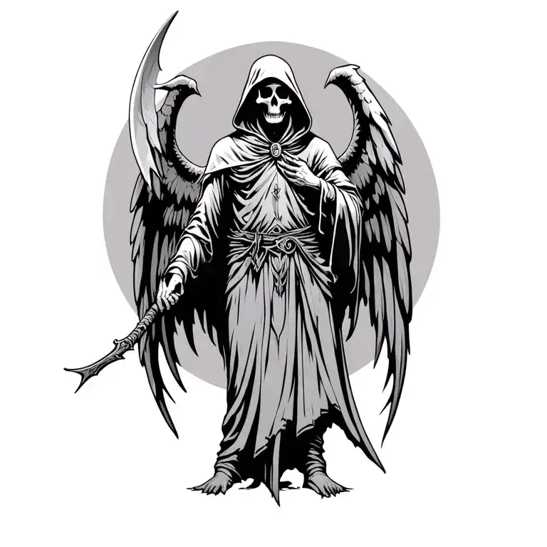 death hooded reaper full body with wings and scythe hanging tattoo design idea