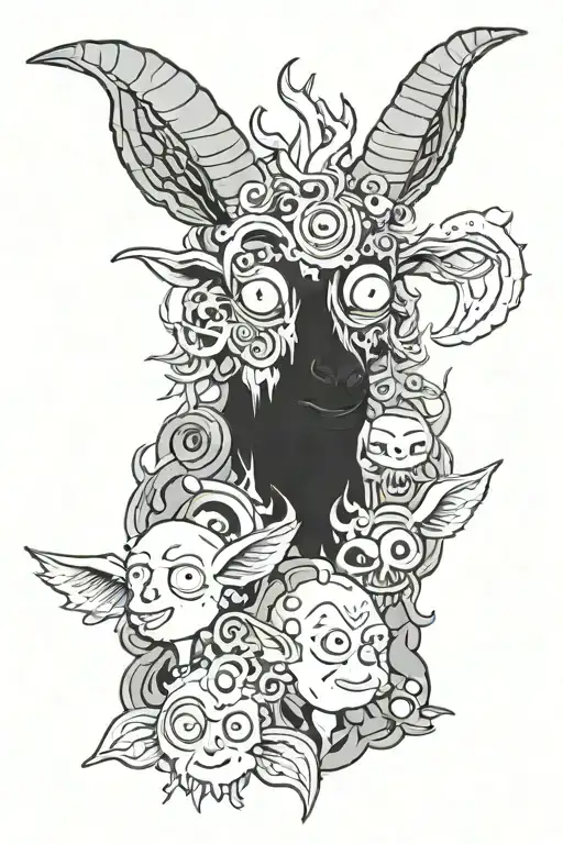 A satanic goat head with Rick and Morty characters hidden within the design tattoo design idea