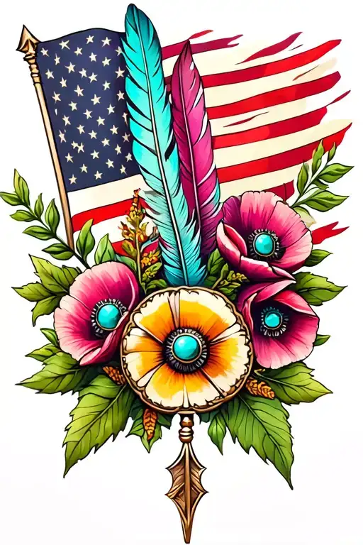 colorful feathers on top and bottom, american flag, poppy flowers, green leaves, western turquoise brooch,   with arrow  tattoo design idea