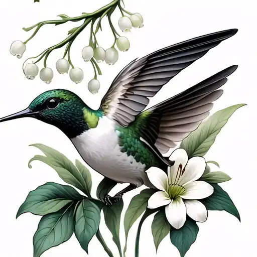 hummingbird with lily of the valley and aster  tattoo design idea
