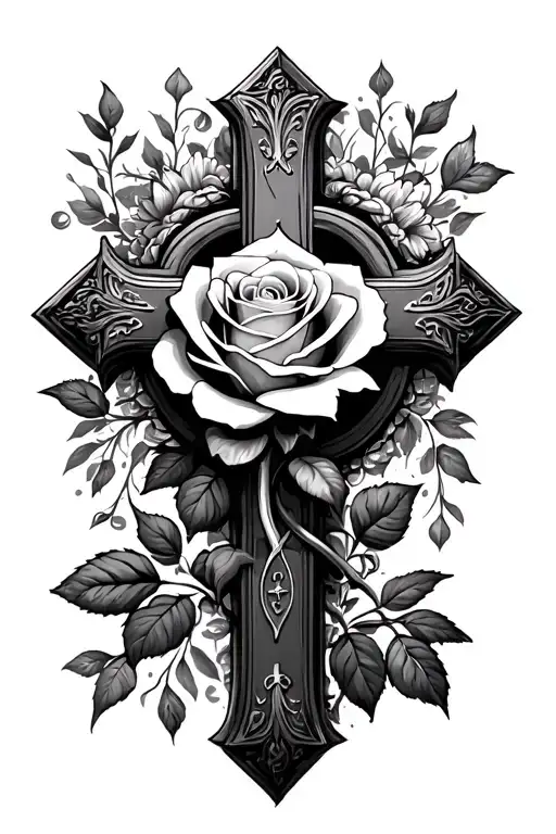 catholic cross with a rose in the middle using the rose stem for the bottom of the cross tattoo design idea