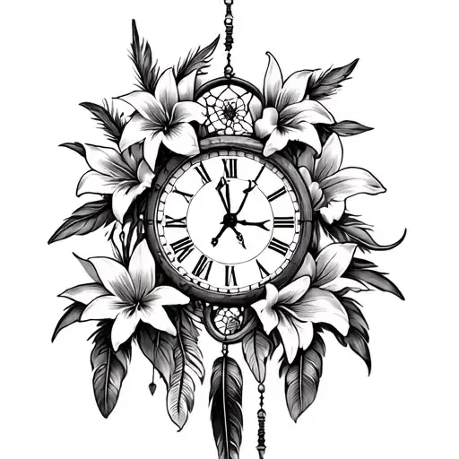 Dream Catcher Filled With Lilies, feathers and a vintage clock showing 7 o'clock tattoo design idea