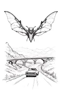 mothman flying over an Oldsmobile driving down a winding road along the river towards a bridge tattoo design idea