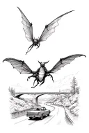 mothman flying over an Oldsmobile driving down a winding road along the river towards a bridge tattoo design idea