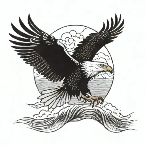 A majestic eagle soaring over a vast ocean with the Japanese word for gratitude incorporated into the design tattoo design idea