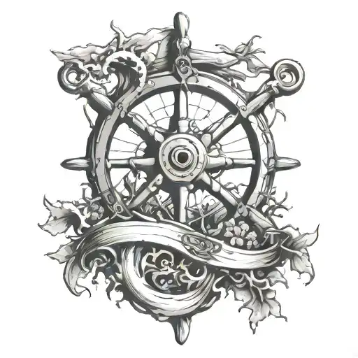 wooden pirate ship wheel surrounded by coral tattoo design idea