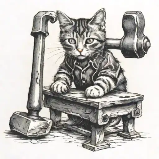 blacksmith cat holds a hammer over an anvil tattoo design idea