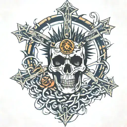  anatomical heart wrap in crown of thorns broken chains topped with an egyptian ankh surround by a fading solar corona tattoo design idea