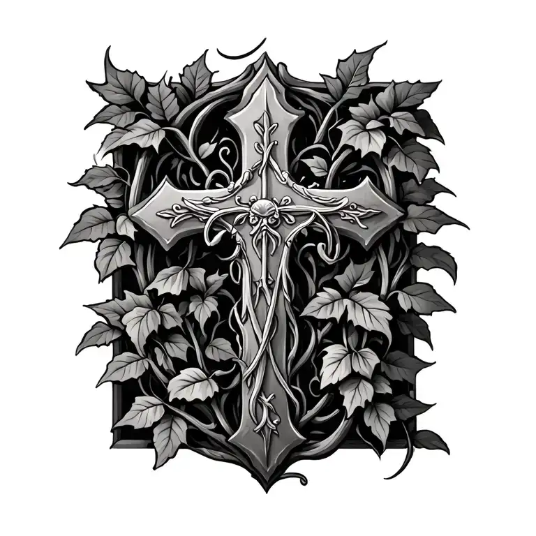cross and ivy vines tattoo design idea
