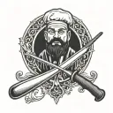 A baseball bat and a chef's knife crossed in a blackwork style design tattoo design idea