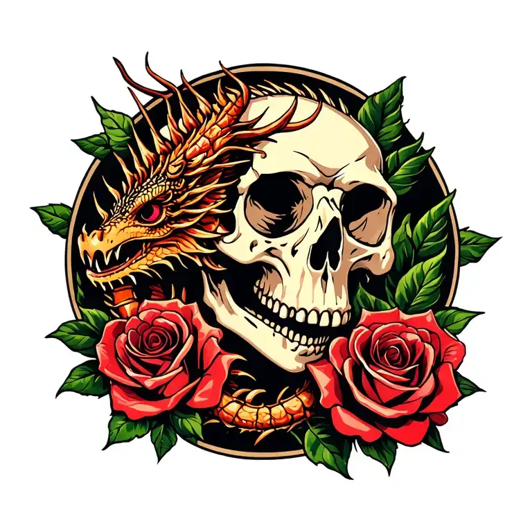 dragons skull scorpio roses tattoo design idea
