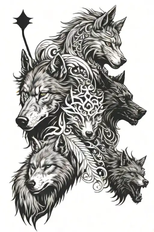 A Samurai, a Phoenix and a Wolf silhouette tattoo design idea
