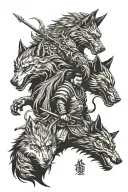 A Samurai, a Phoenix and a Wolf silhouette tattoo design idea