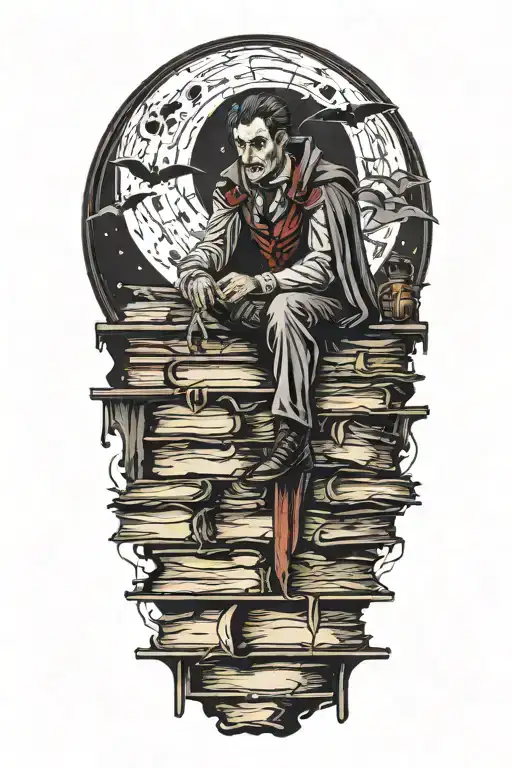 A vampire sitting atop of books. Full moon outside window. Bats flying and hanging. tattoo design idea