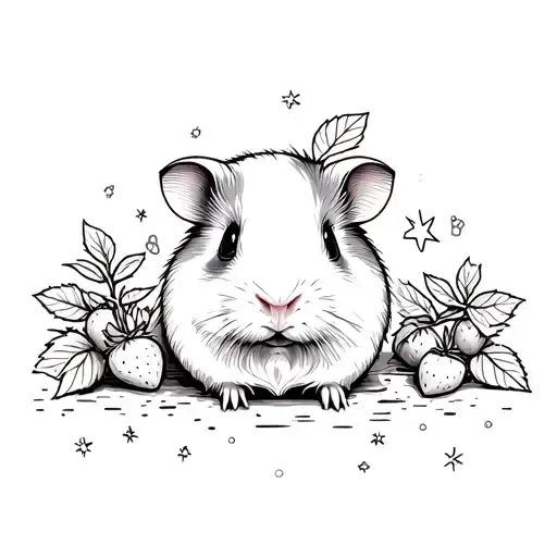 A guinea pig surrounded by strawberry plants with small star details. tattoo design idea