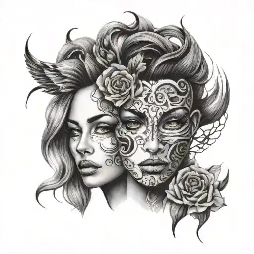 A split design featuring two halves of a face—one masculine and one feminine—joined seamlessly together. tattoo design idea